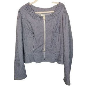 Shabby Apple Women's Size 1X Blouse Top Blue White Striped Full-Zip Peplum Hem